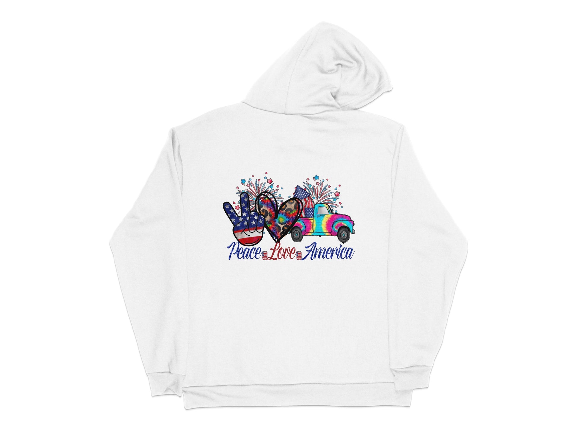 Peace Love America Patriotic Hoodie, Unisex White Sweatshirt with Colorful Graphic Design, 4th of July Apparel