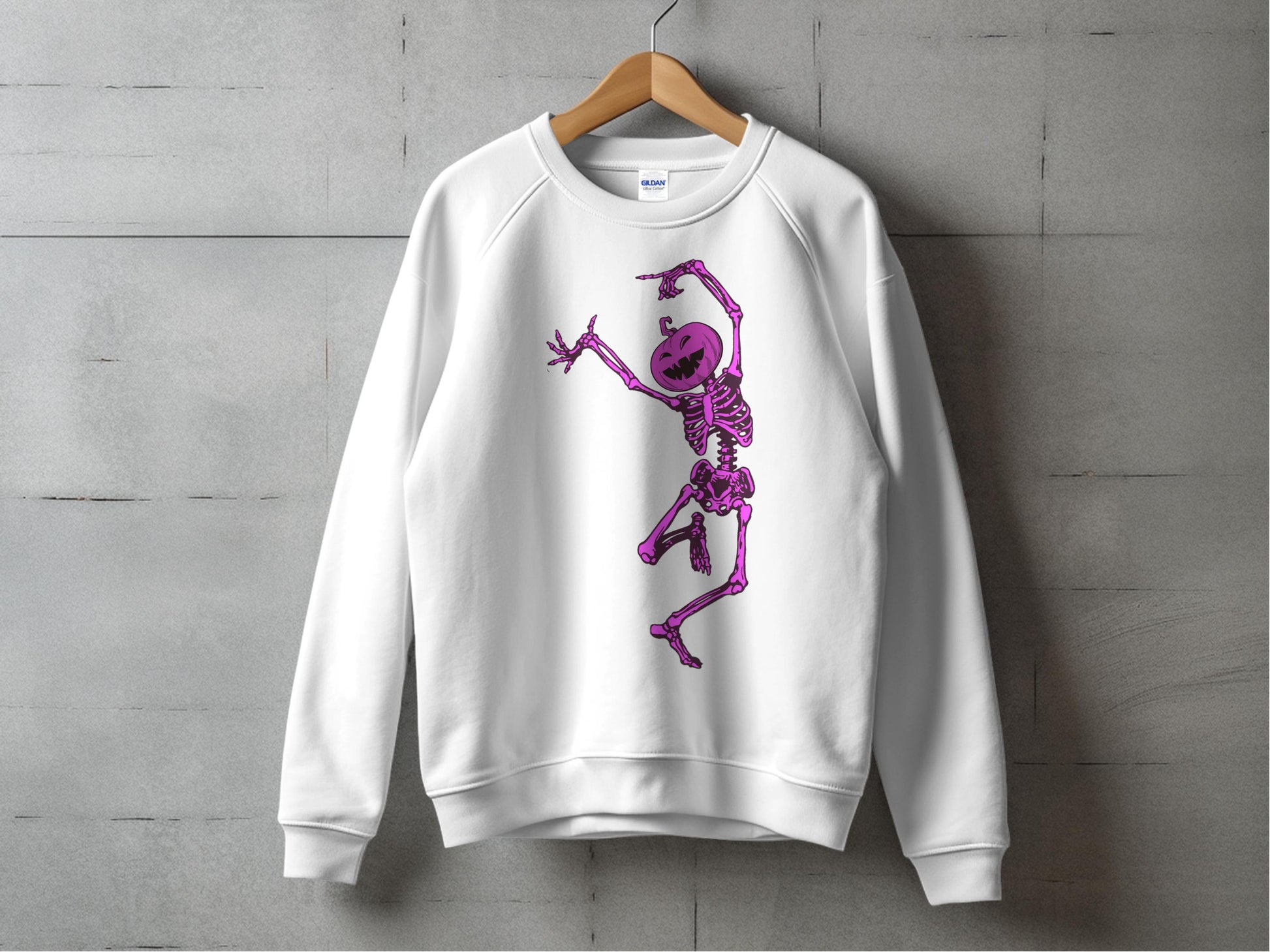 White Crew Neck Sweatshirt with Purple Skeleton Print, Halloween Unisex Pullover, Casual Fall Fashion Top