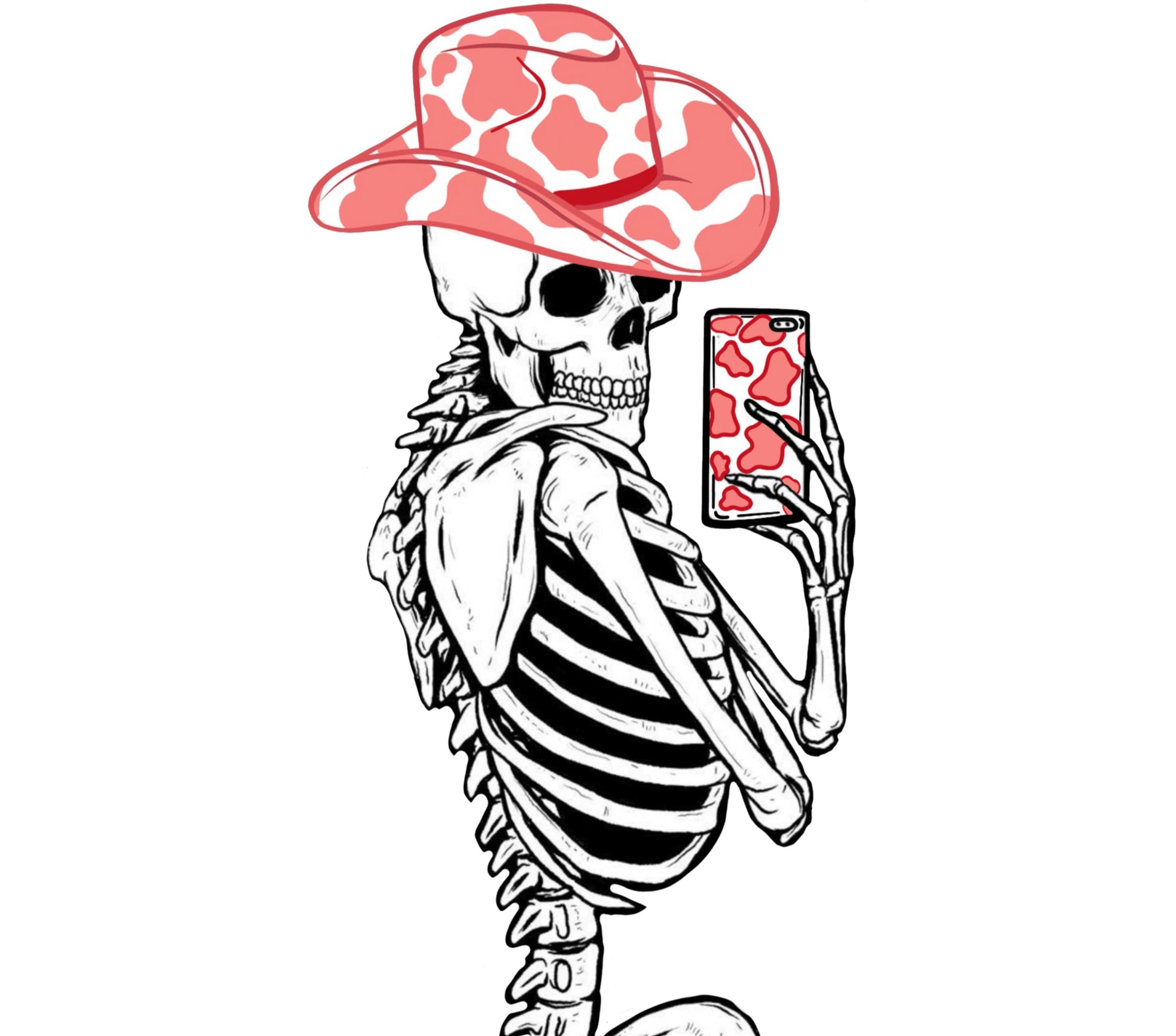 Skeleton Art Print with Red Cowboy Hat, Modern Gothic Decor, Black and White Illustration