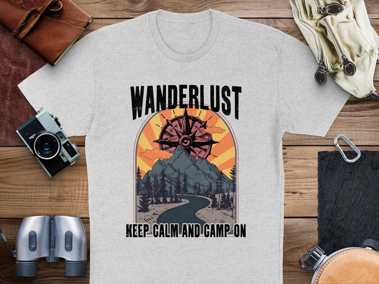 Wanderlust Camping T-Shirt, Vintage Camera Graphic, Outdoor Adventure Tee, Keep Calm and Camp On, Unisex Shirt Design
