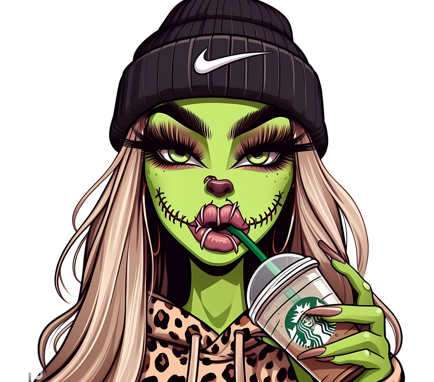 Urban Witch Graphic Print, Trendy Witchy Green Girl Art, Alternative Fashion Illustration, Unique Wall Decor, Bold Colorful Streetwear Style