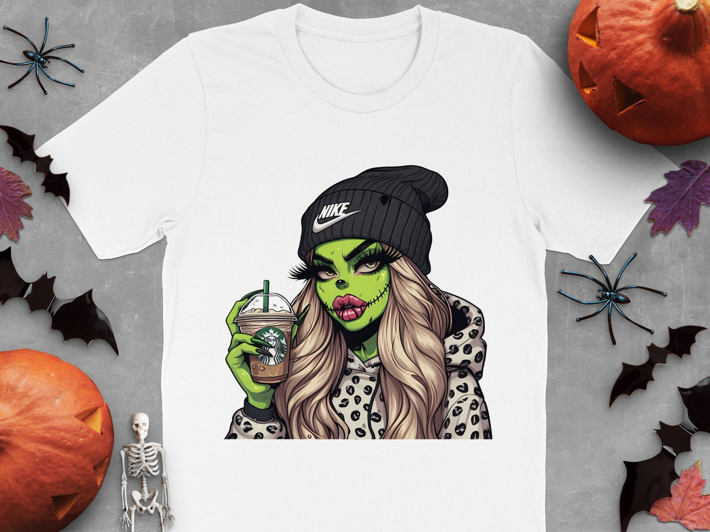Halloween Zombie Girl Starbucks Graphic T-Shirt, Spooky Pumpkin Leopard Print Tee, Trendy Fall Fashion Top