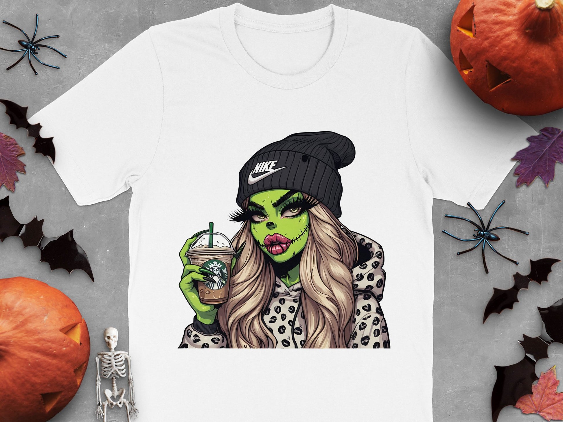 Halloween Zombie Girl Starbucks Graphic T-Shirt, Spooky Pumpkin Leopard Print Tee, Trendy Fall Fashion Top