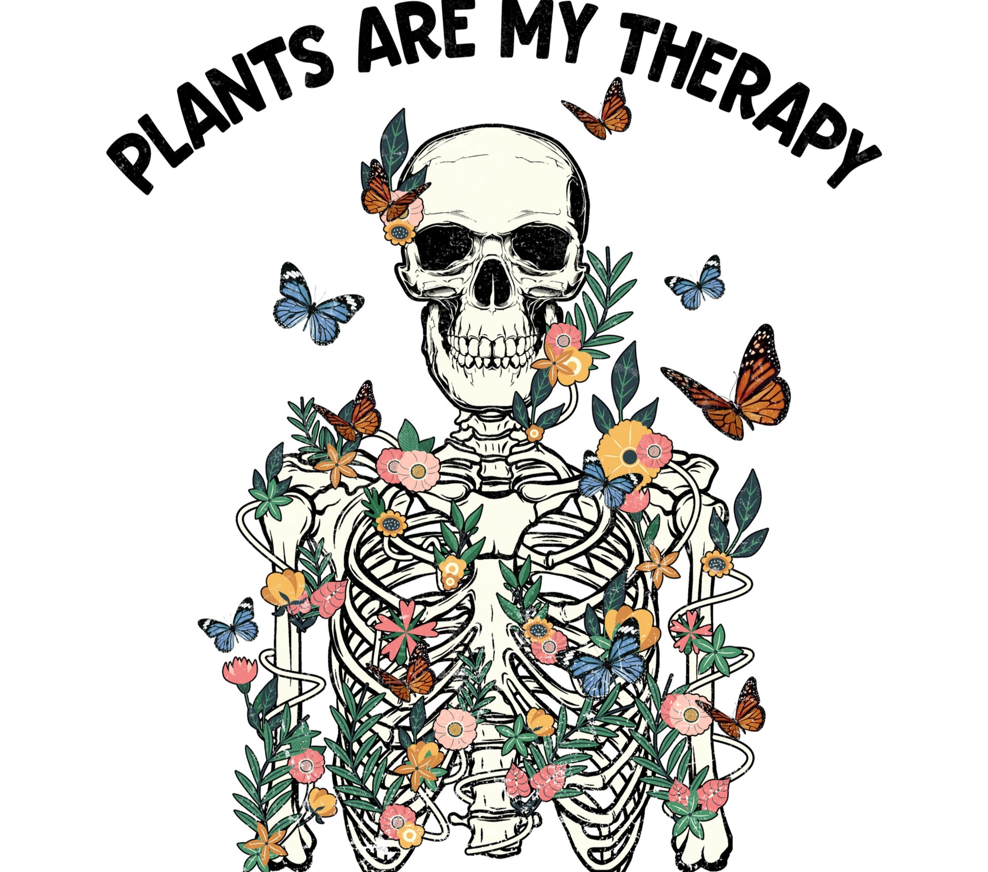 Plants Are My Therapy Skull and Flowers Art Print, Botanical Skeleton Poster, Floral Skull Wall Decor, Unique Gothic Home Decoration