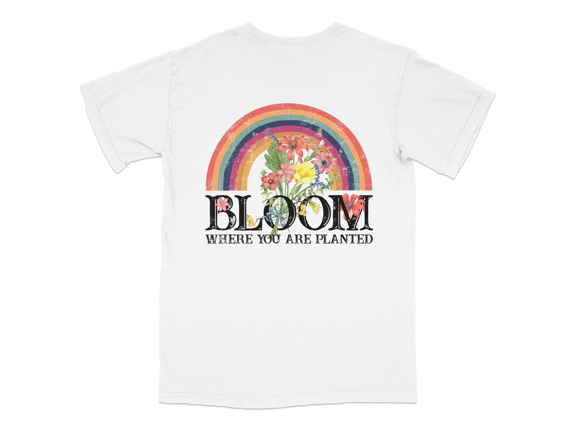 Bloom Where You Are Planted Rainbow Graphic T-Shirt, Floral Summer Tee, Inspirational Quote Shirt for Women and Men
