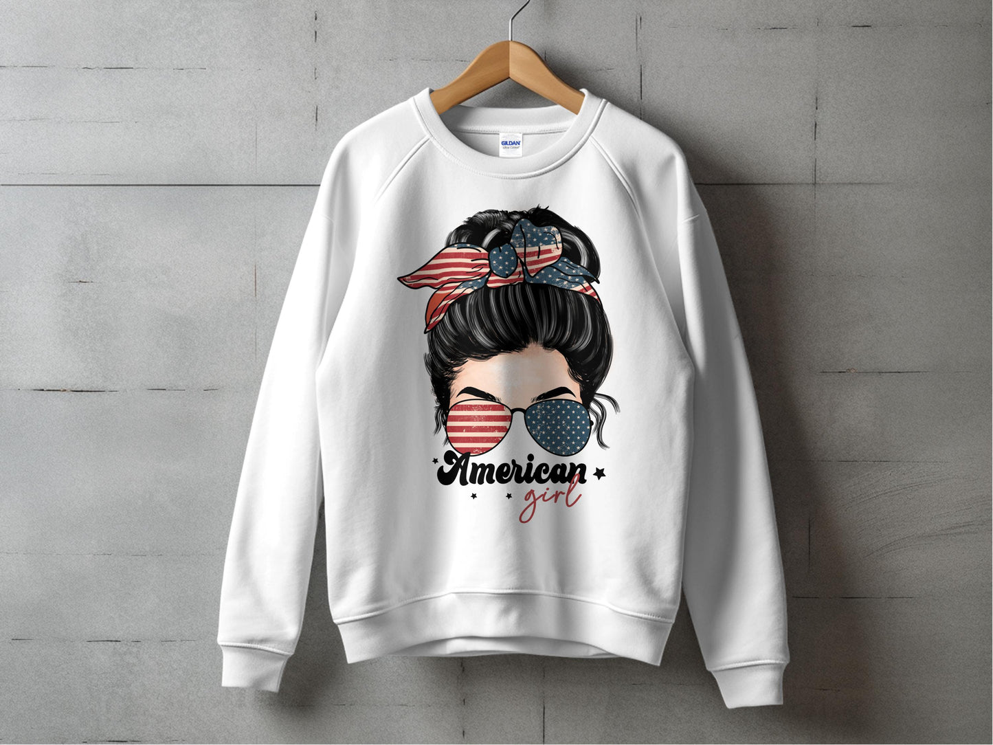 American Girl Patriotic Sweatshirt, USA Flag Print, Women's Casual Graphic Pullover, Trendy Streetwear Top, Comfortable Fashion Apparel
