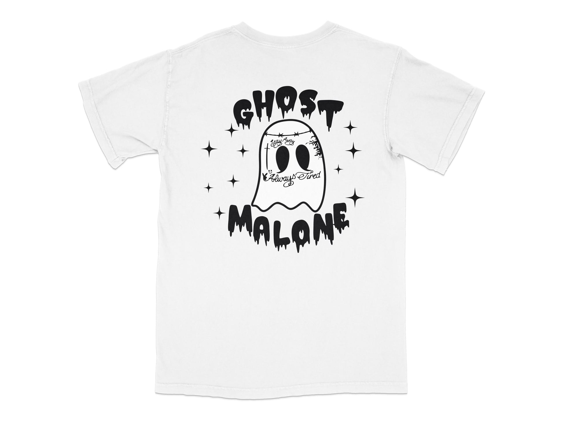 Ghost Malone Halloween T-Shirt, Spooky Ghost Graphic Tee, Casual Streetwear, Unisex White Shirt with Star Patterns