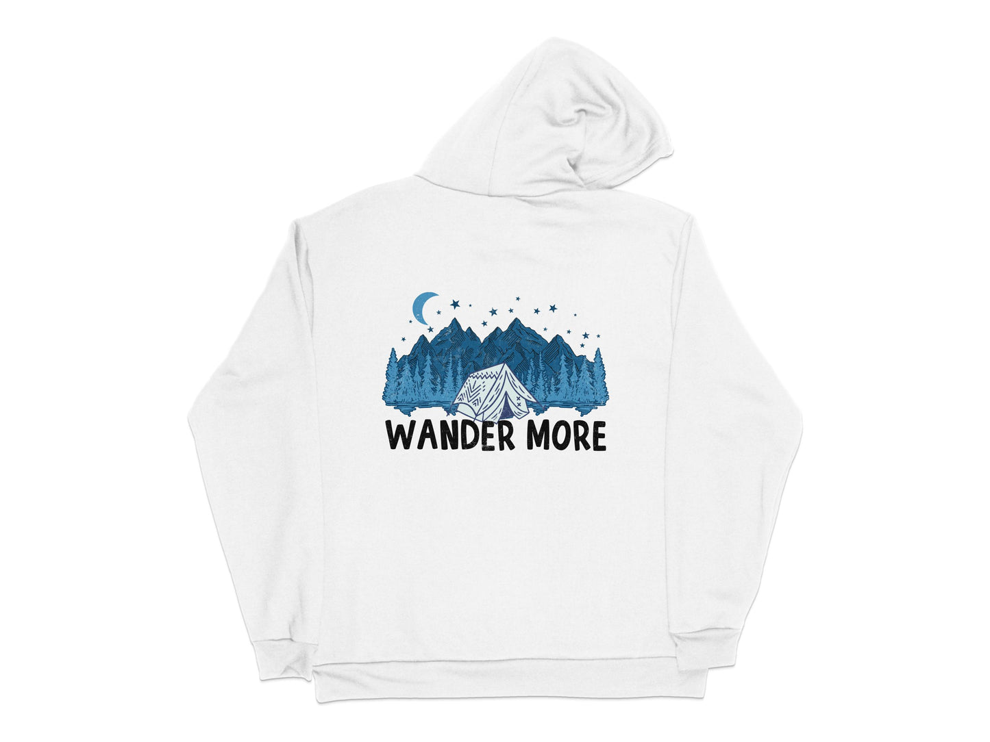 Wander More Hoodie, White, Unisex Outdoor Camping Graphic, Moon and Mountains Design, Adventure Clothing