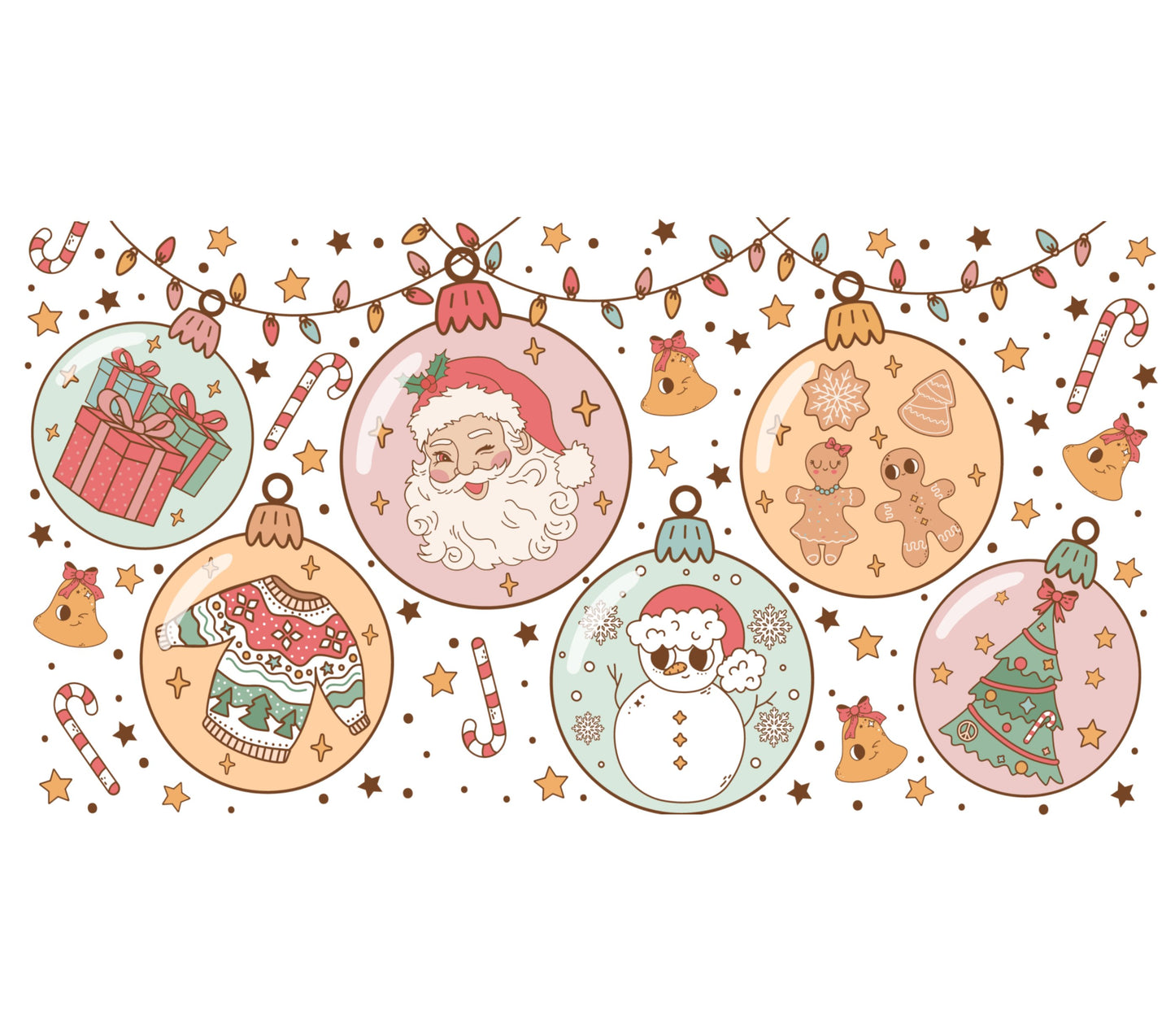 Christmas Bauble Garland Illustration, Santa Claus, Reindeer, Gifts, Snowman Festive Holiday Decor Print