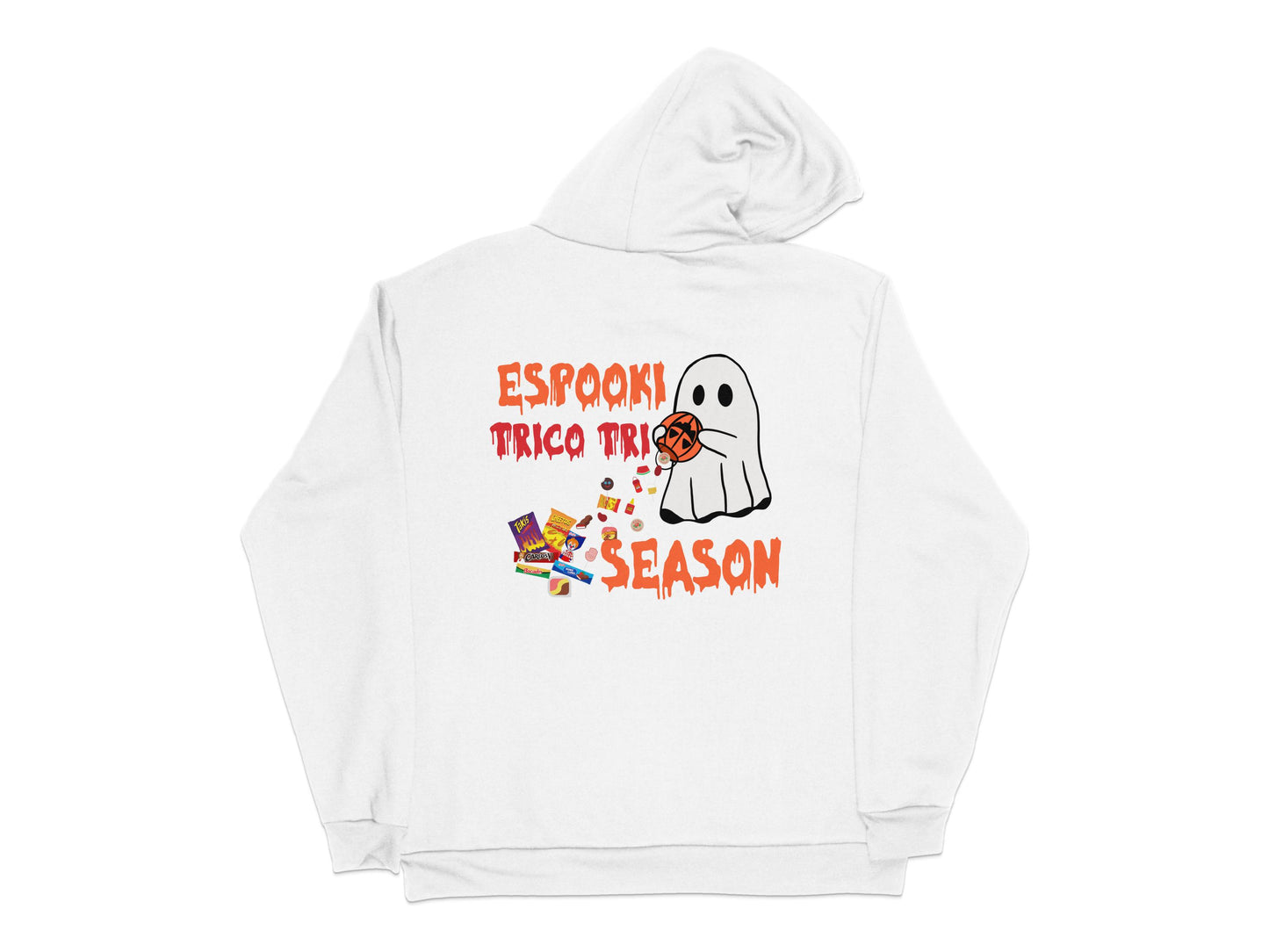 Spooky Trick or Treat Season White Hoodie, Halloween Ghost Graphic Sweatshirt, Fall Apparel