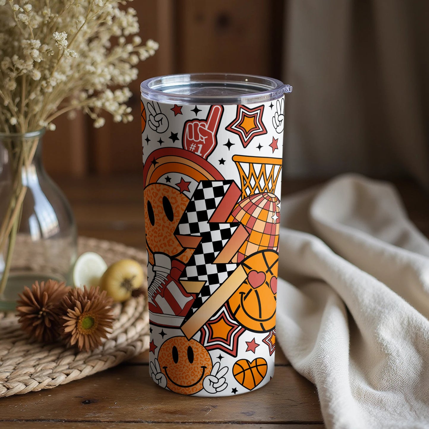 Colorful Sports Themed Insulated Tumbler, Basketball Soccer Baseball Travel Mug, Unique Drinkware for Athletes, Gift Idea
