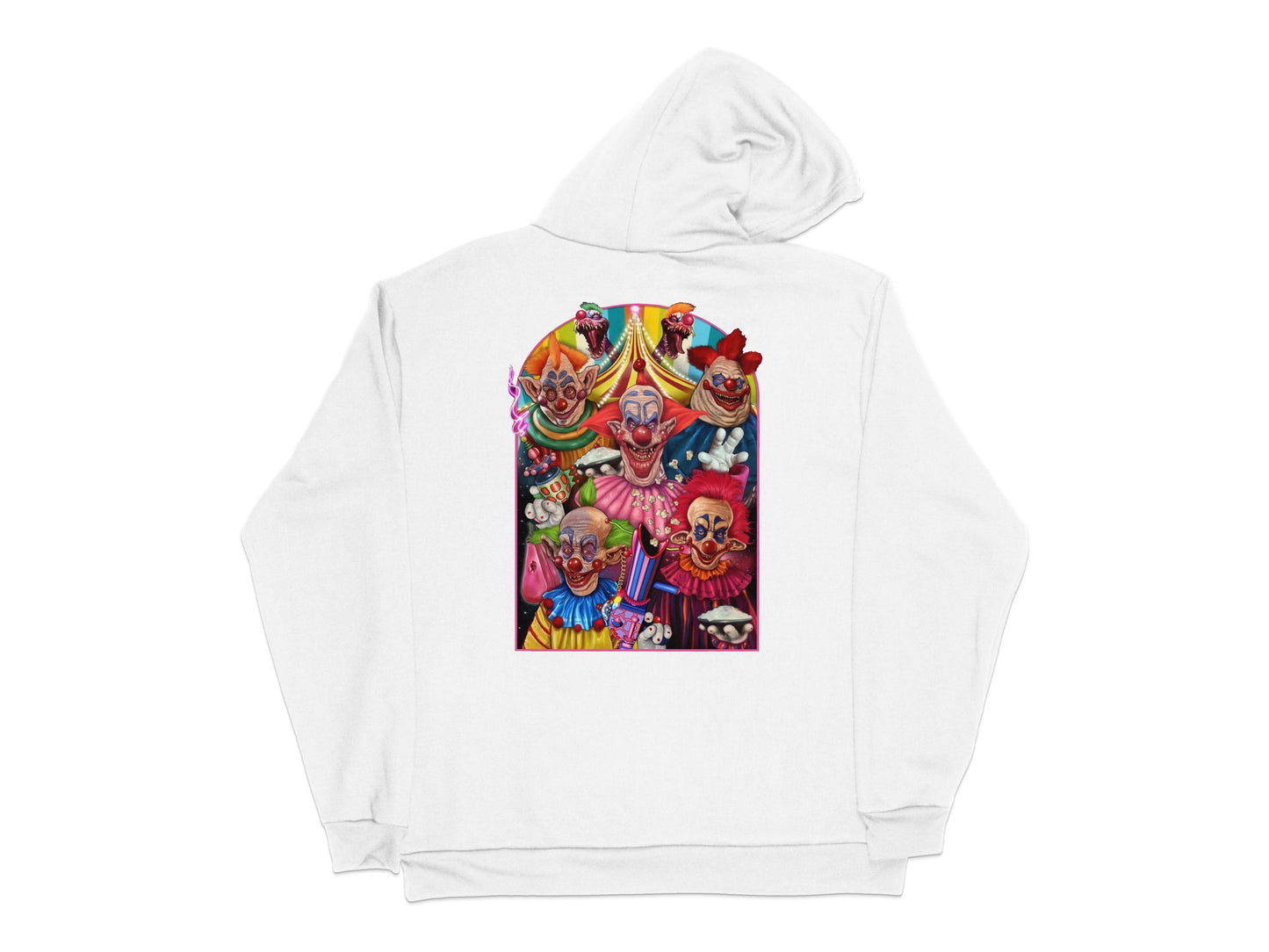 Colorful Clown Graphic Hoodie, Unisex Printed Back Design, Vibrant Circus Hooded Sweatshirt, Casual Streetwear