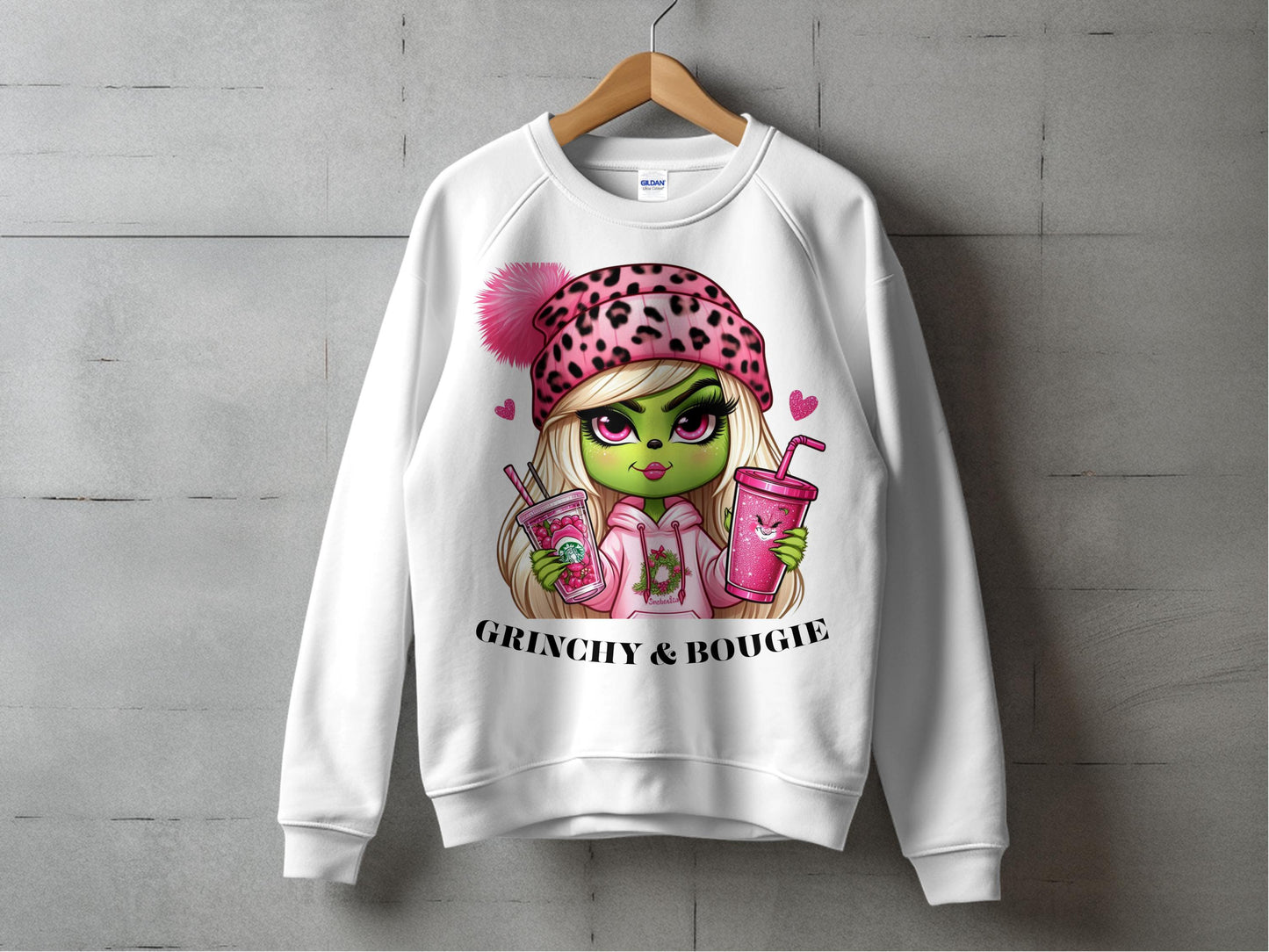 Cute Grinchy and Bougie Sweatshirt, Leopard Print Hat, Pink Drink, Trendy Winter Fashion Top for Women