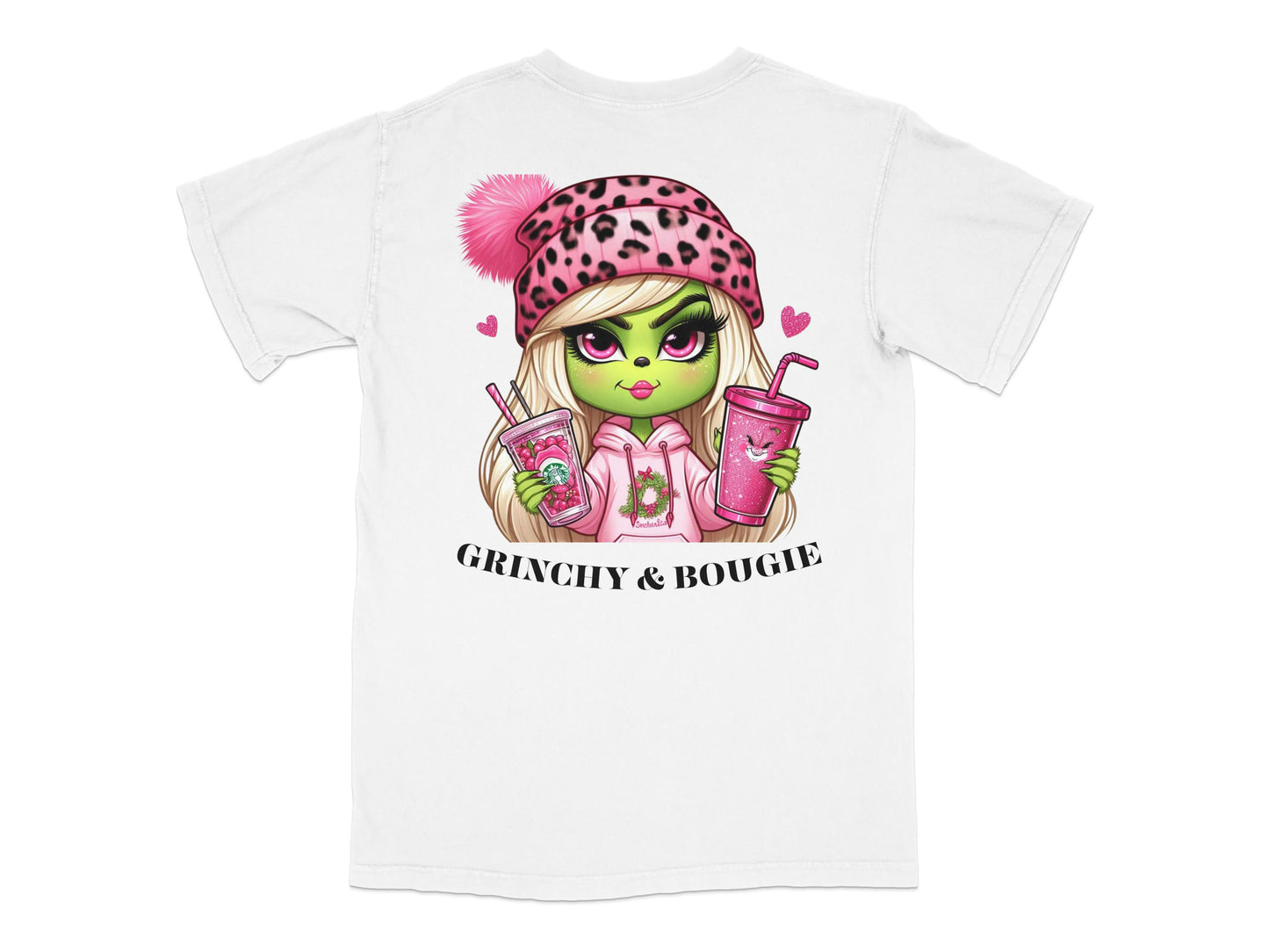 Grinchy and Bougie Graphic T-Shirt, Pink Leopard Print Hat, Trendy Character Tee, Unique Fashion Top for Casual Wear