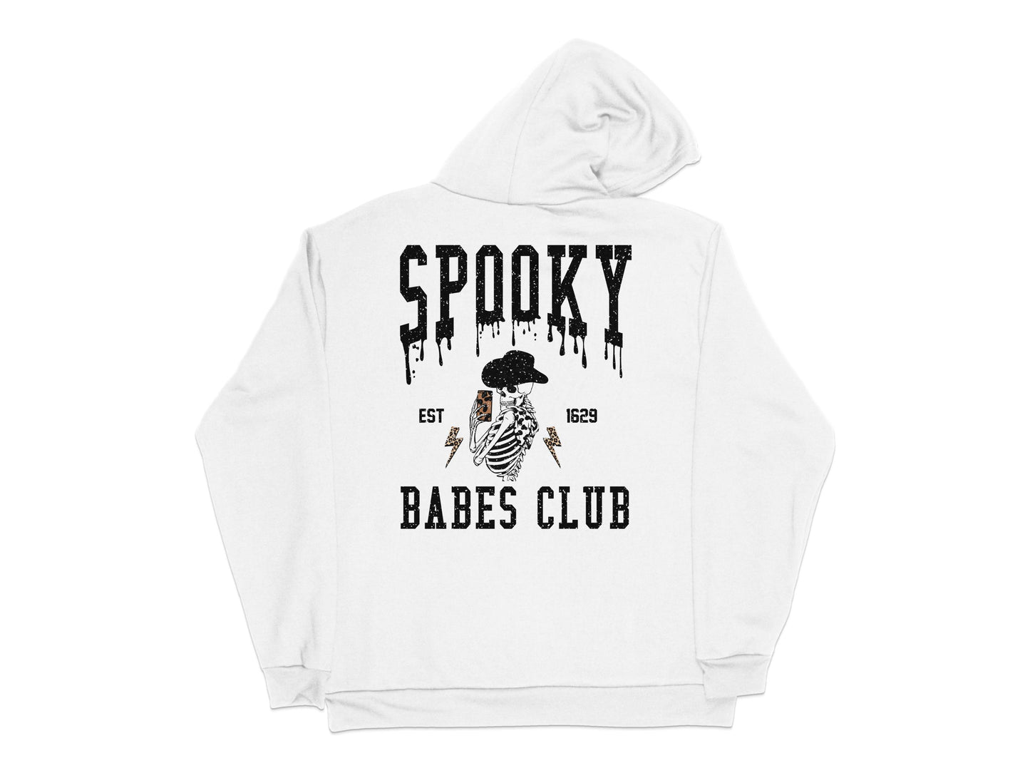 Spooky Babes Club Hoodie, White Graphic Sweatshirt, Halloween Skeleton Design, Trendy Fall Fashion, Established 1629