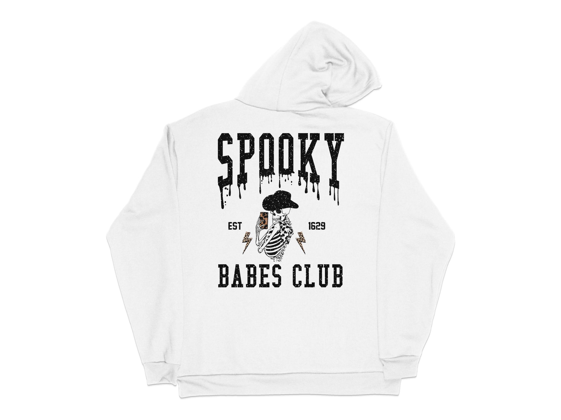 Spooky Babes Club Hoodie, White Graphic Sweatshirt, Halloween Skeleton Design, Trendy Fall Fashion, Established 1629