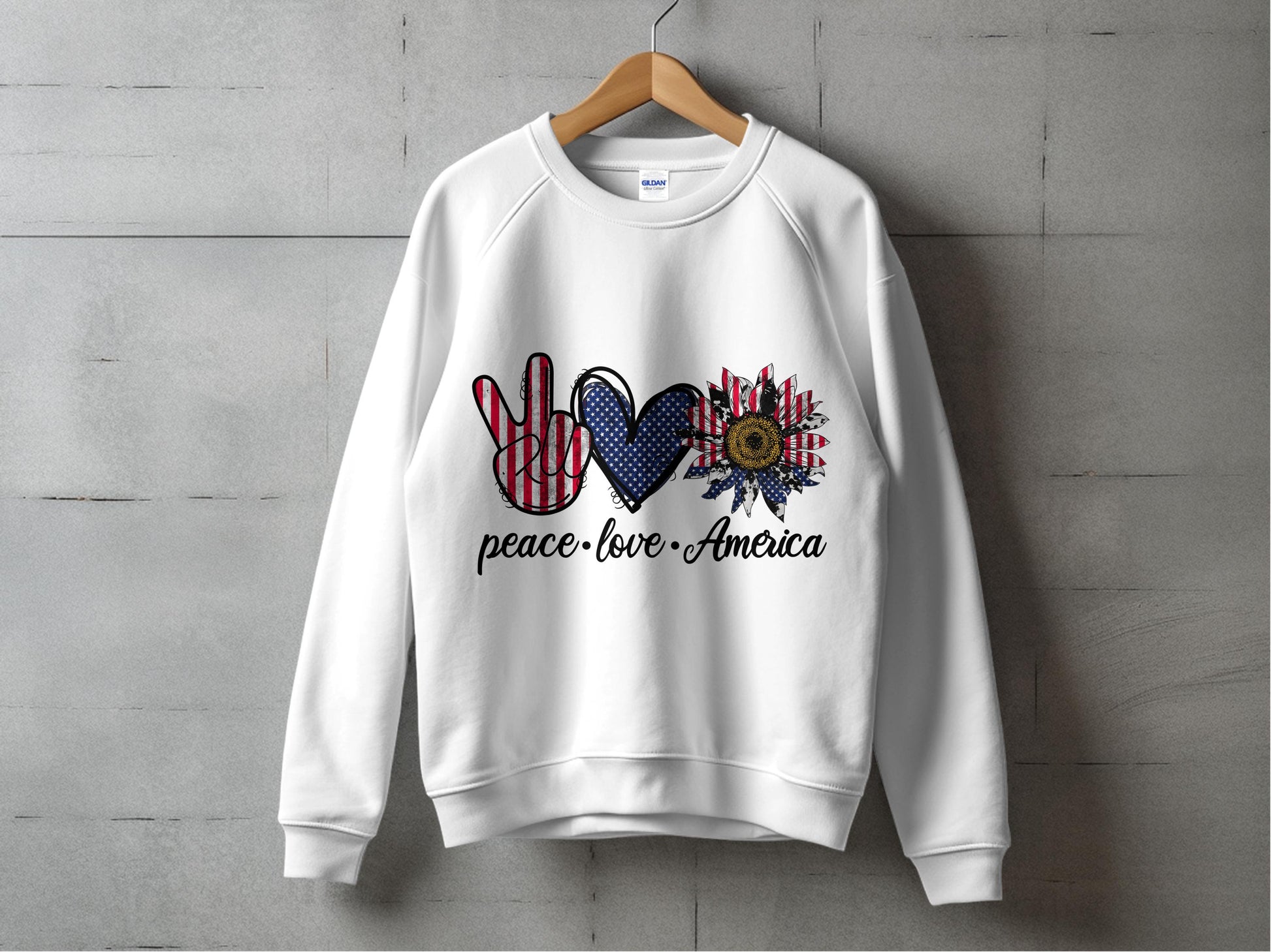 Patriotic Sweatshirt, American Flag Peace Love Design, USA Themed Apparel, Unisex White Pullover, Casual Fashion