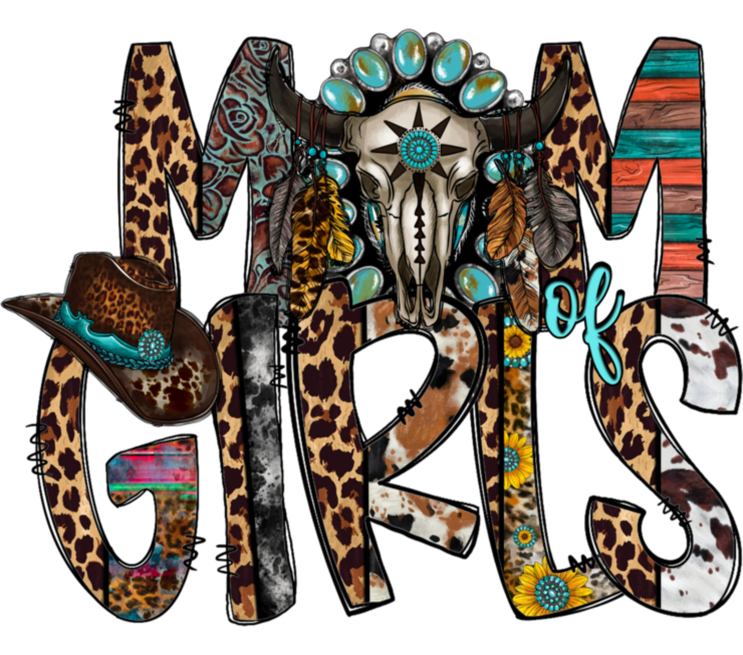 Western Girls Leopard Print Turquoise Cowgirl Hat Feathers Wall Art Decor