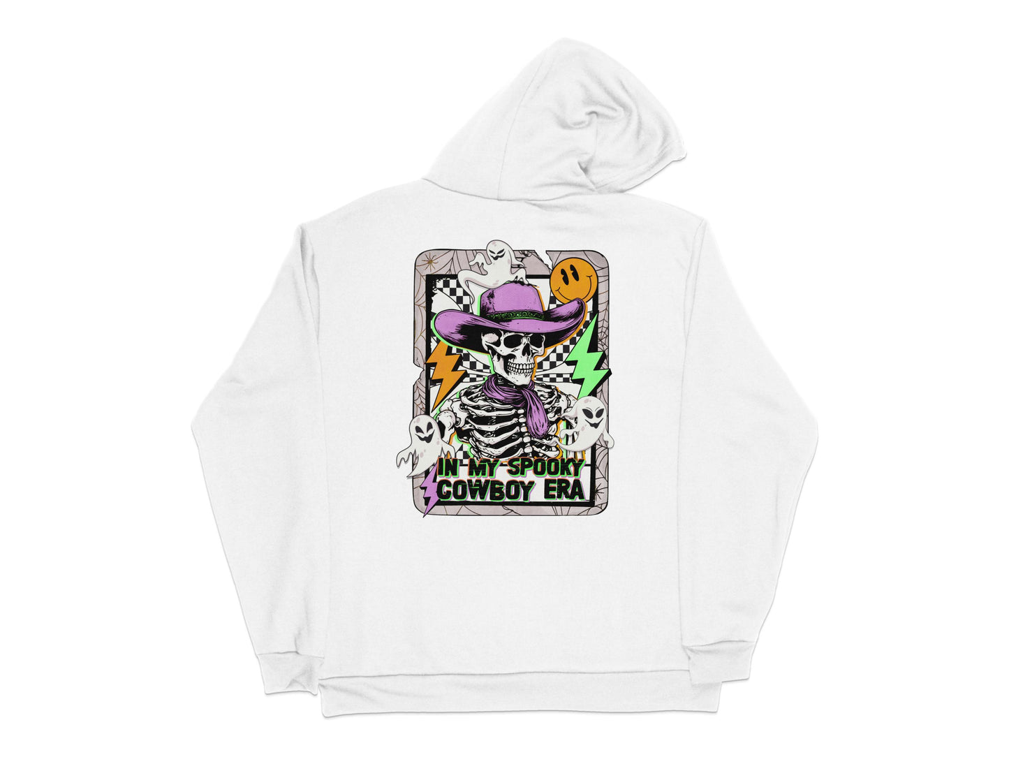 Spooky Cowboy Era Graphic Hoodie, Skeleton in Hat, Retro Style Pullover, Unisex Casual Streetwear, Halloween Apparel