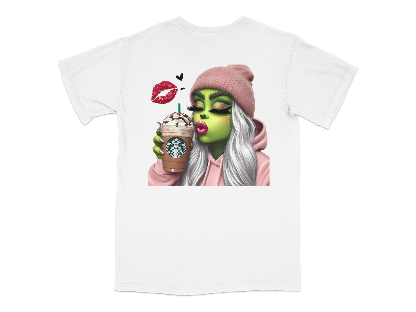Unique Monster Girl Graphic T-Shirt, Trendy Coffee Lover Cartoon Design, Bright Casual Streetwear Style