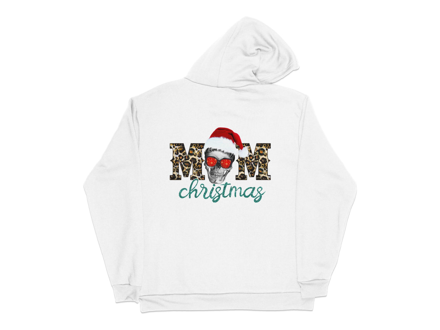 Christmas Hoodie with Skull Design, Mom Christmas Text, Festive Winter Apparel, Unisex White Sweatshirt