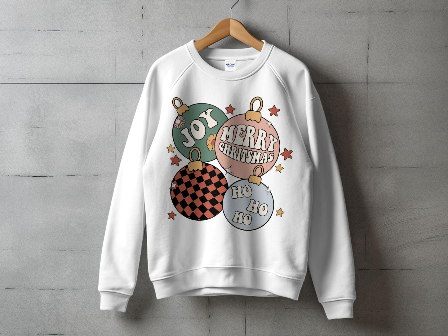 Festive Christmas Sweatshirt Joy Merry Ho Ho Holiday Ornaments Graphic Unisex Pullover