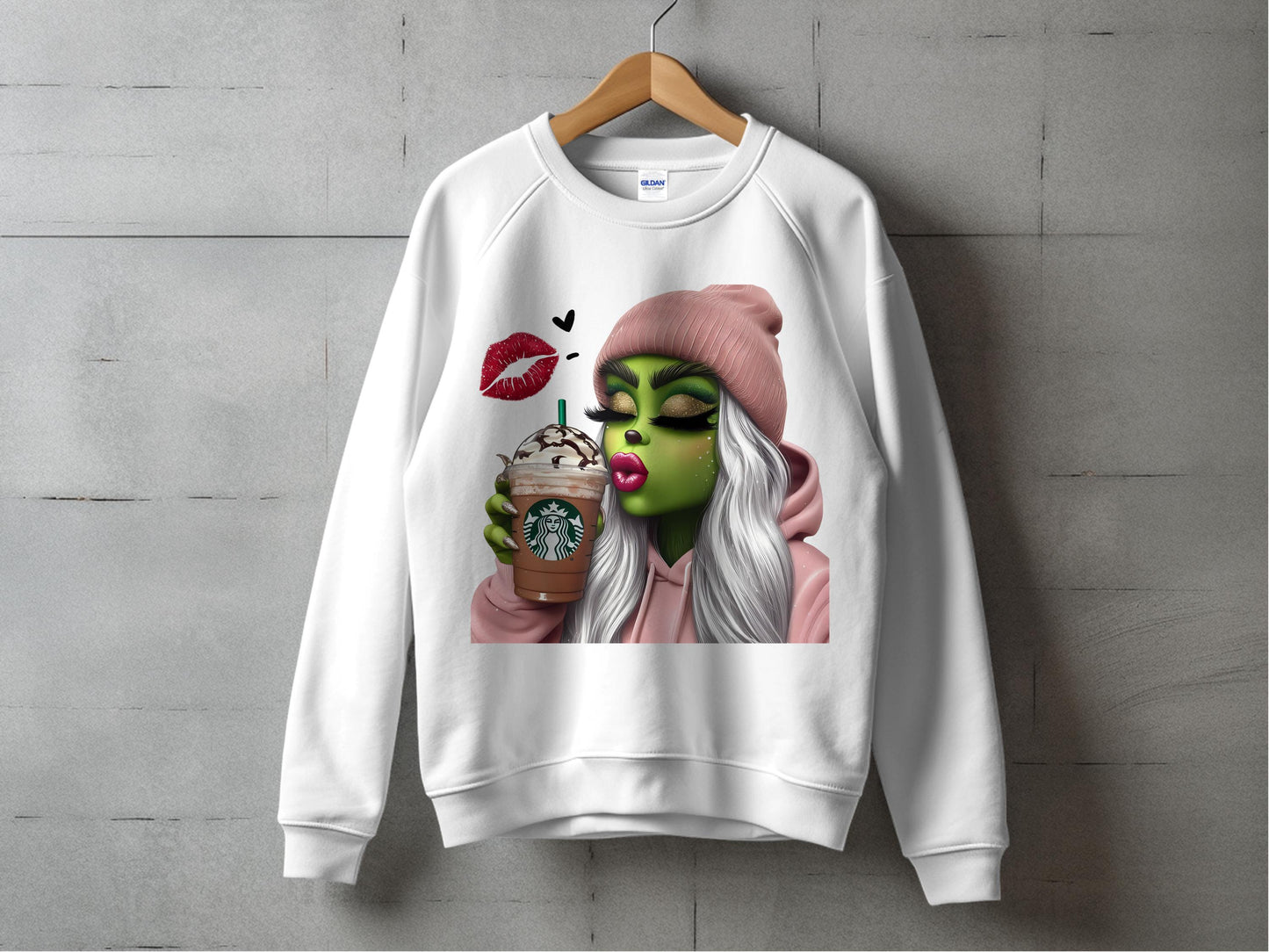 Trendy Graphic Sweatshirt with Green Witch Design, Kiss Print, Pink Beanie, Coffee Cup Illustration