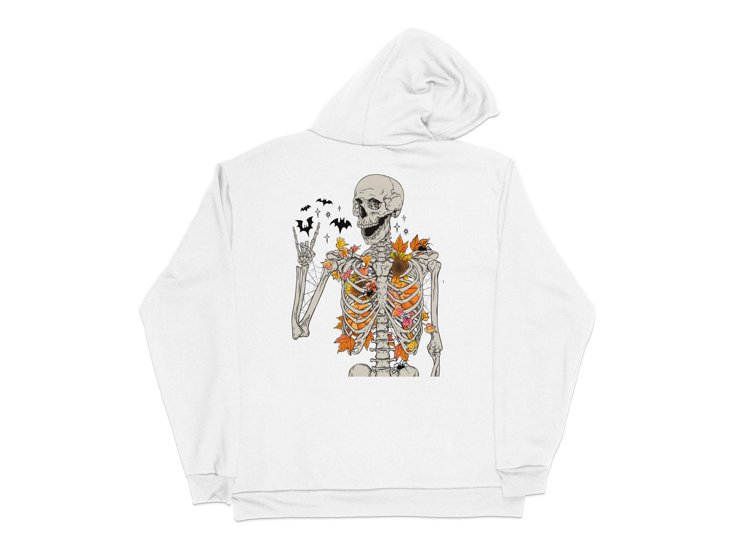 Gothic Skeleton Hoodie, Autumn Leaves and Birds Graphic, Unisex White Sweatshirt, Trendy Halloween Apparel