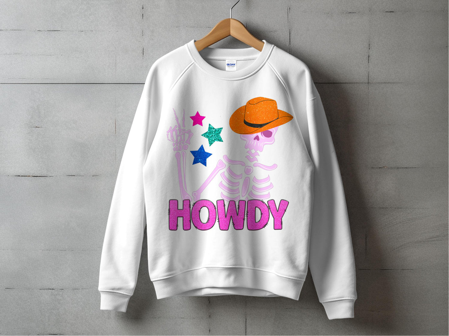 Howdy Skeleton Sweatshirt, Cowboy Hat Graphic, Funny Halloween Pullover, Casual Autumn Clothing, Unisex Sweater Design