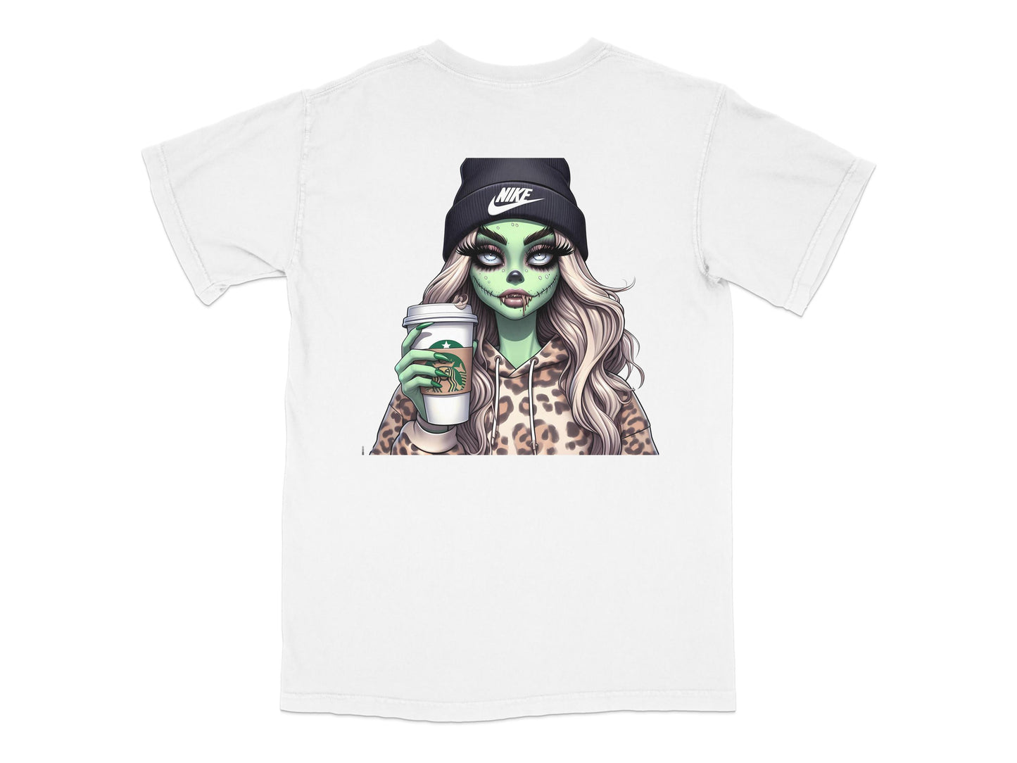Zombie Girl Graphic Tee, Nike Cap, Coffee Lover, Leopard Print, Trendy Hipster Shirt