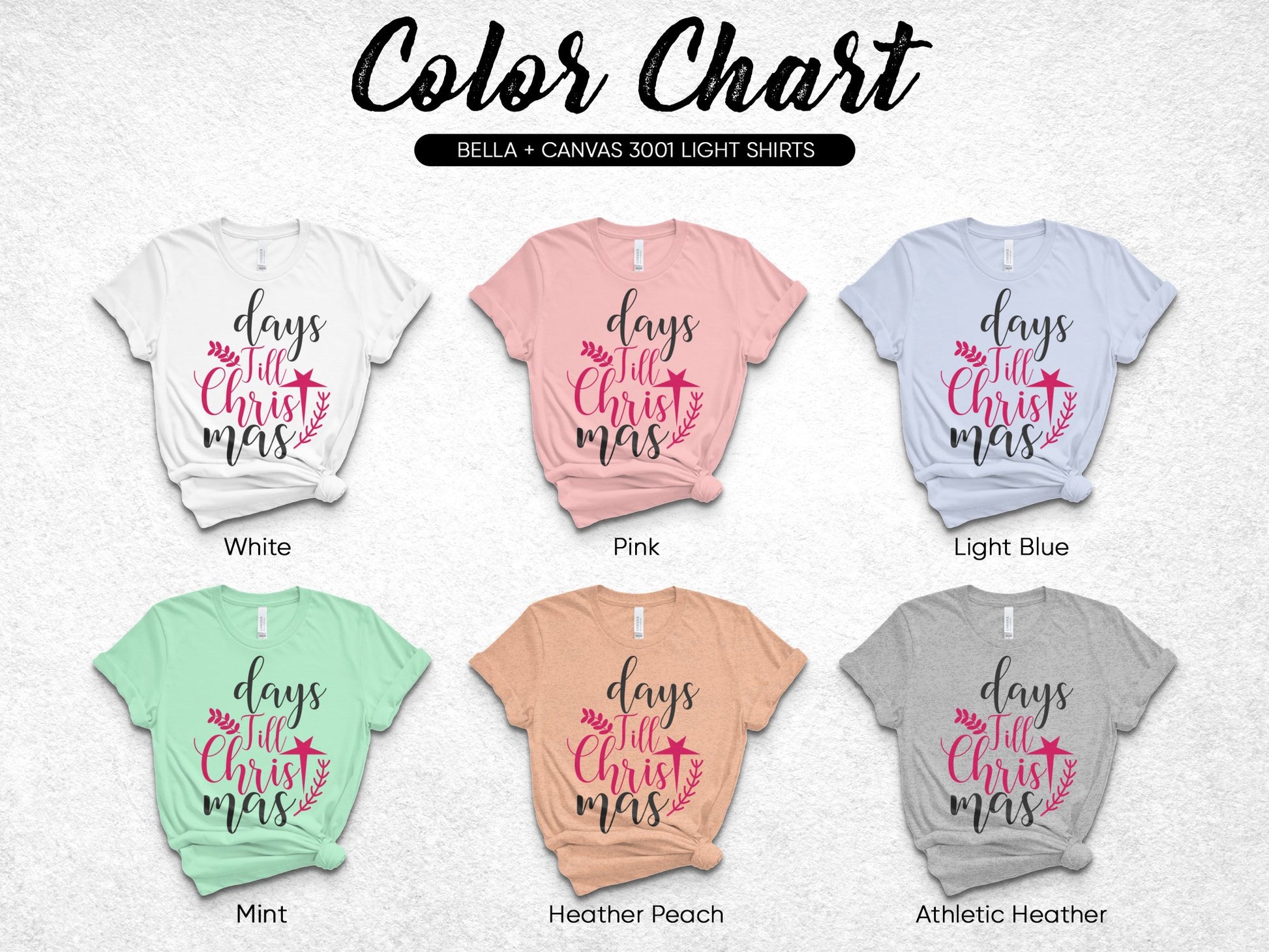 Bella Canvas 3001 T-Shirts, Color Chart, Christmas Graphic Tees in Various Colors