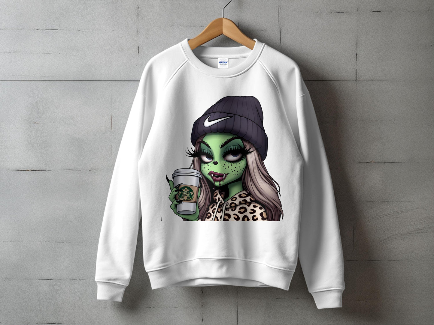 Trendy Green Monster Girl Graphic Sweatshirt, Casual Leopard Print, Cool Urban Streetwear, Unique Illustrated Pullover