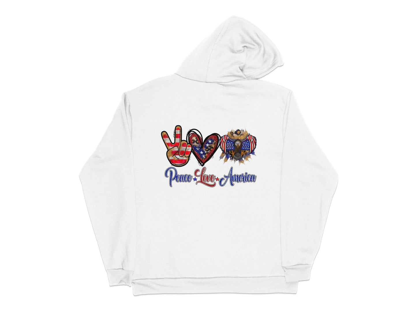 Love Peace Justice Hoodie, Patriotic Owl Design, Unisex White Hooded Sweatshirt