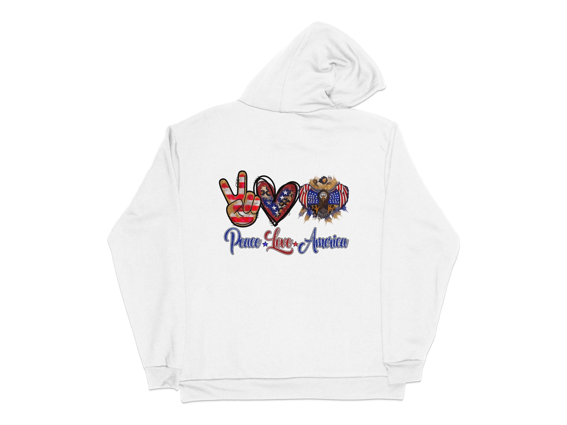 Love Peace Justice Hoodie, Patriotic Owl Design, Unisex White Hooded Sweatshirt