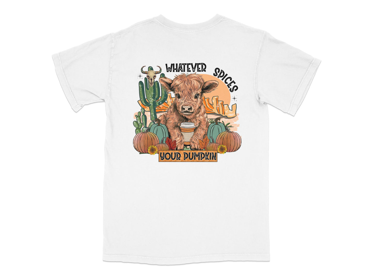 Whatever Spices Your Pumpkin T-Shirt, Cute Fall Season Tee, Highland Cow and Cactus Graphic, Unisex Autumn Shirt