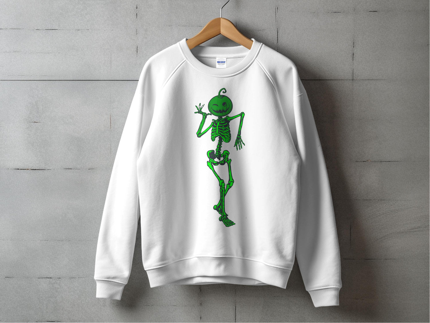 Halloween Skeleton Sweatshirt, Cute Green Alien Design, Adult Unisex Casual Pullover Sweater, Autumn Fashion.