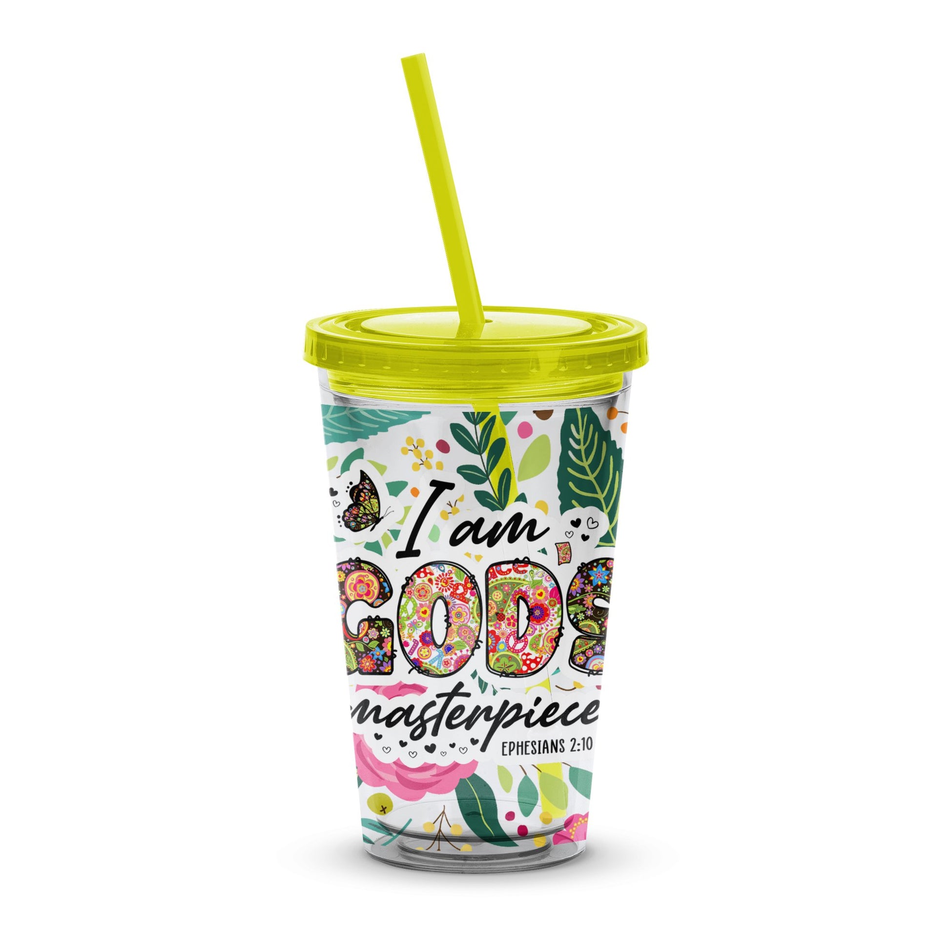Colorful Floral Insulated Tumbler with Straw, Christian Quote, I Am God's Masterpiece, Ephesians 2:10, Gift Idea