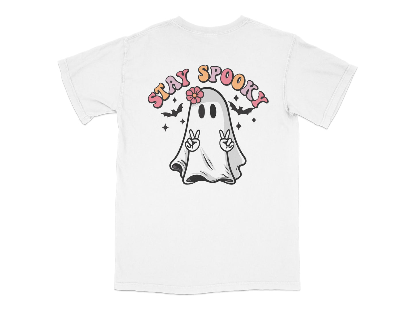 Stay Spooky Ghost Graphic T-Shirt, Cute Halloween Casual Tee, Unisex Ghost Design Top, White Cotton Shirt for All Ages