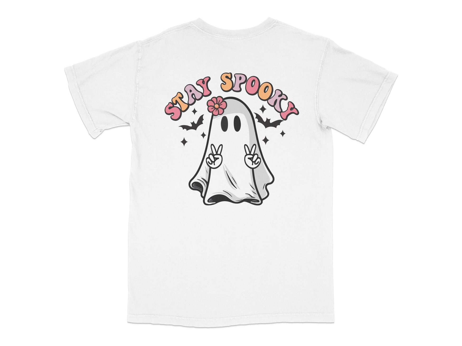 Stay Spooky Ghost Graphic T-Shirt, Cute Halloween Casual Tee, Unisex Ghost Design Top, White Cotton Shirt for All Ages
