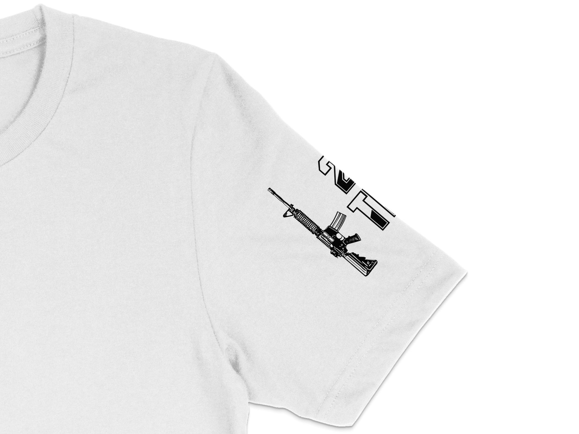 White T-Shirt with Black Gun and Letter Embroidery Design, Unisex Casual Tee, Urban Streetwear, Unique Graphic Top, Modern Fashion Style
