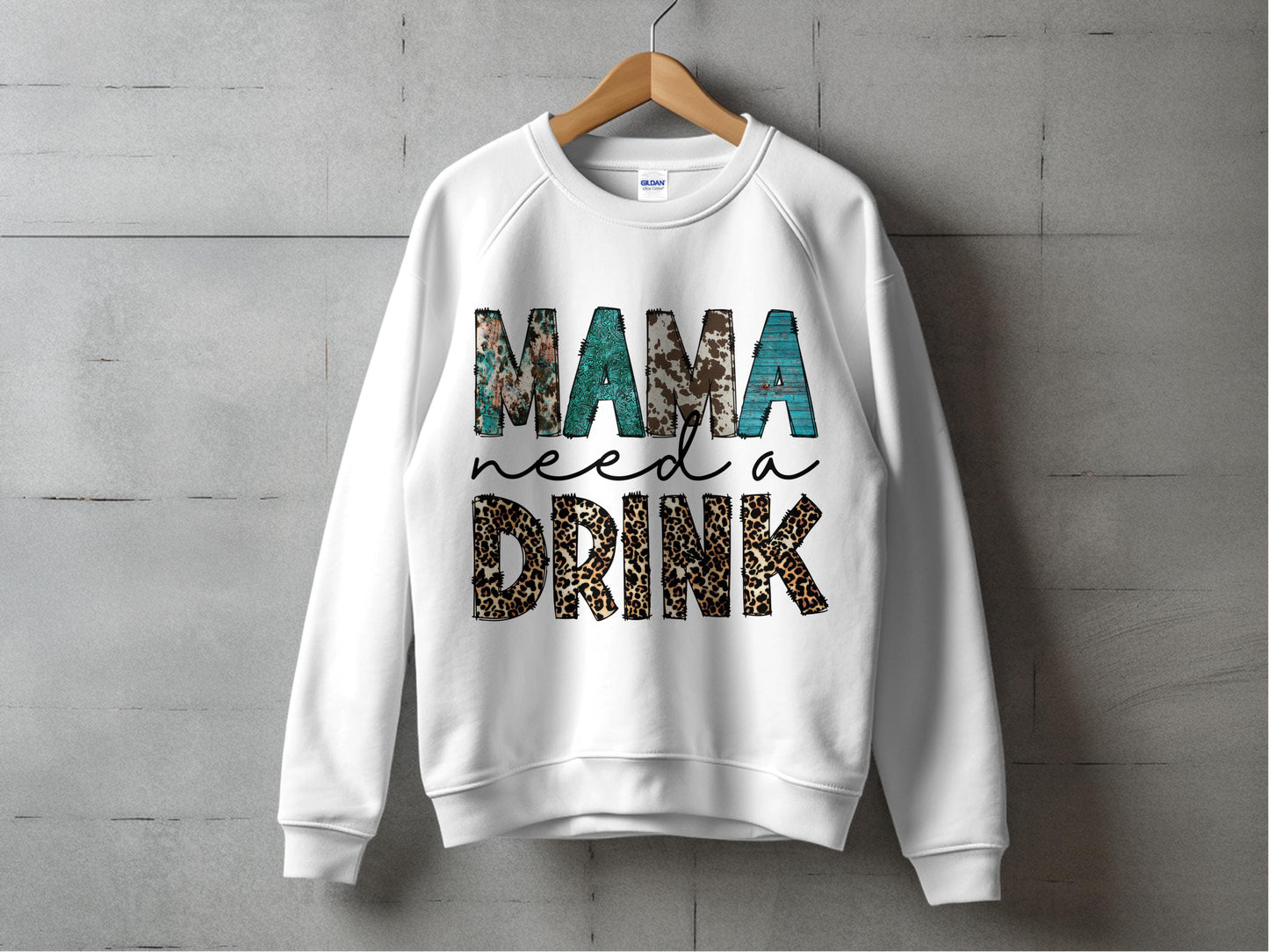 Mama Needs a Drink Funny Sweatshirt, Leopard Print Women's Casual Pullover, Trendy Graphic Sweater