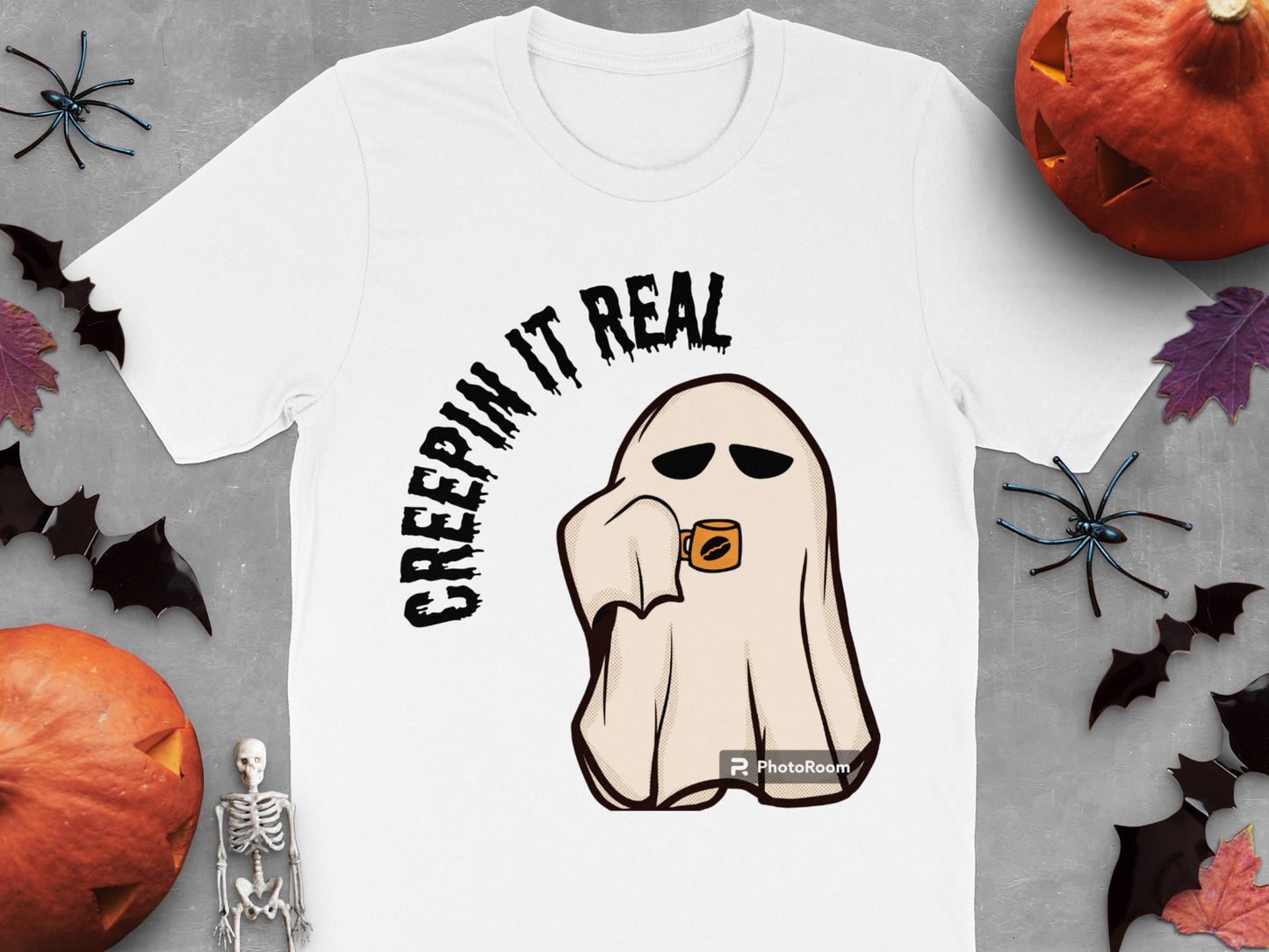 Halloween Ghost T-Shirt 'Creepin' It Real' Funny Spooky Tee with Pumpkins and Skeleton Decor