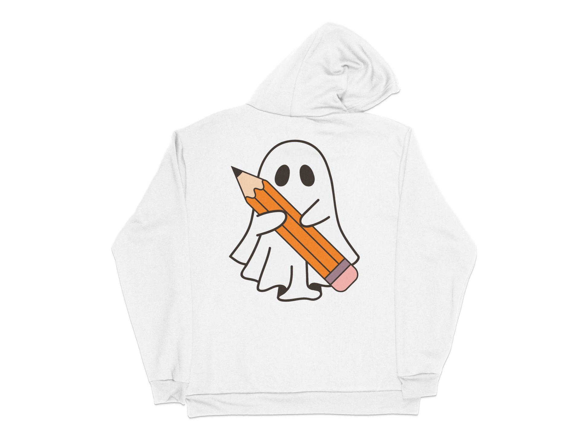 Cute Ghost Hoodie with Pencil Design, Unisex White Ghost Graphic Sweatshirt, Halloween Apparel
