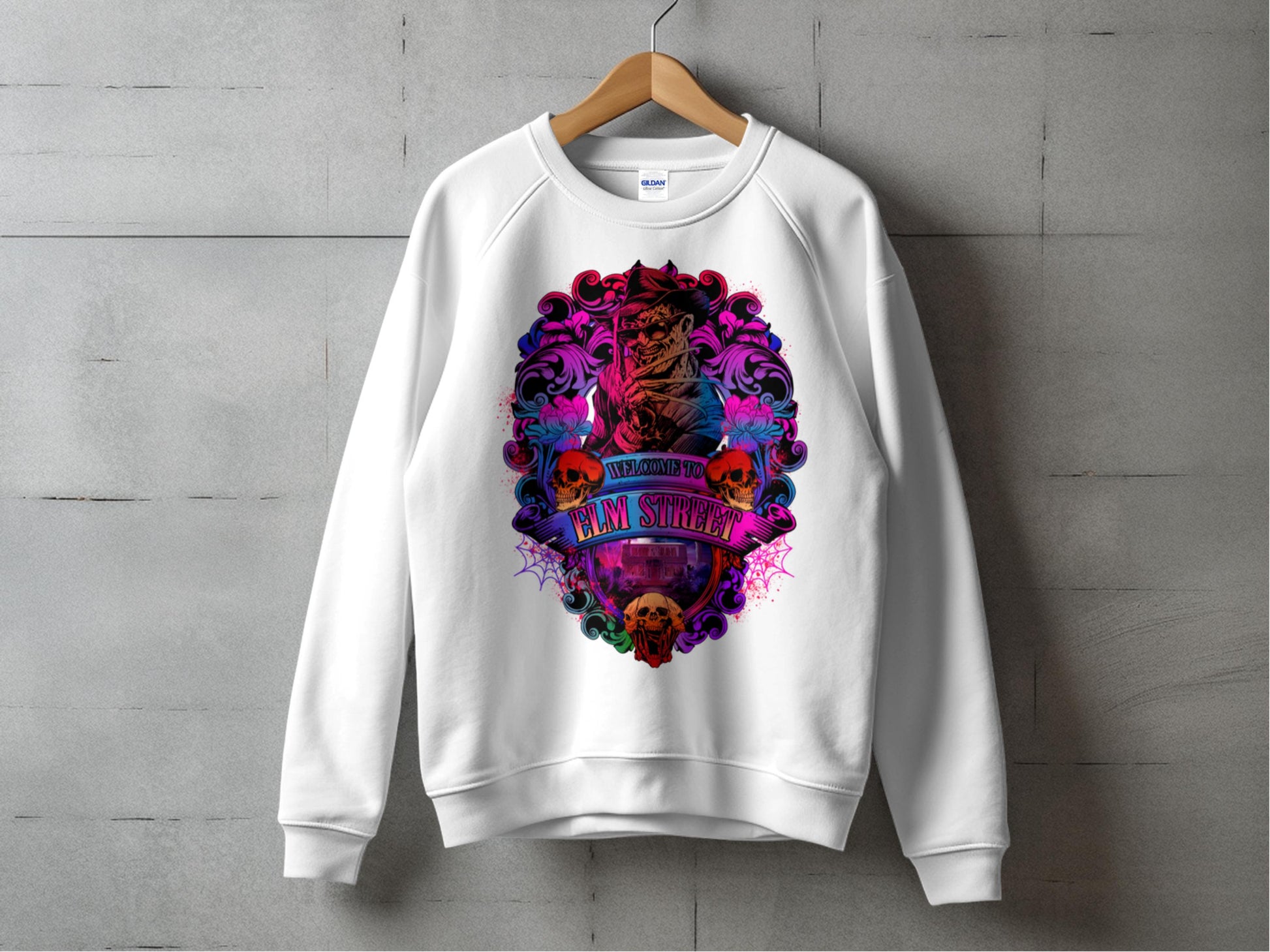 Gothic Skull Print Sweatshirt, Unisex Horror Movie Inspired Graphic Pullover, Halloween Apparel, Trendy Spooky Clothing Gift Idea