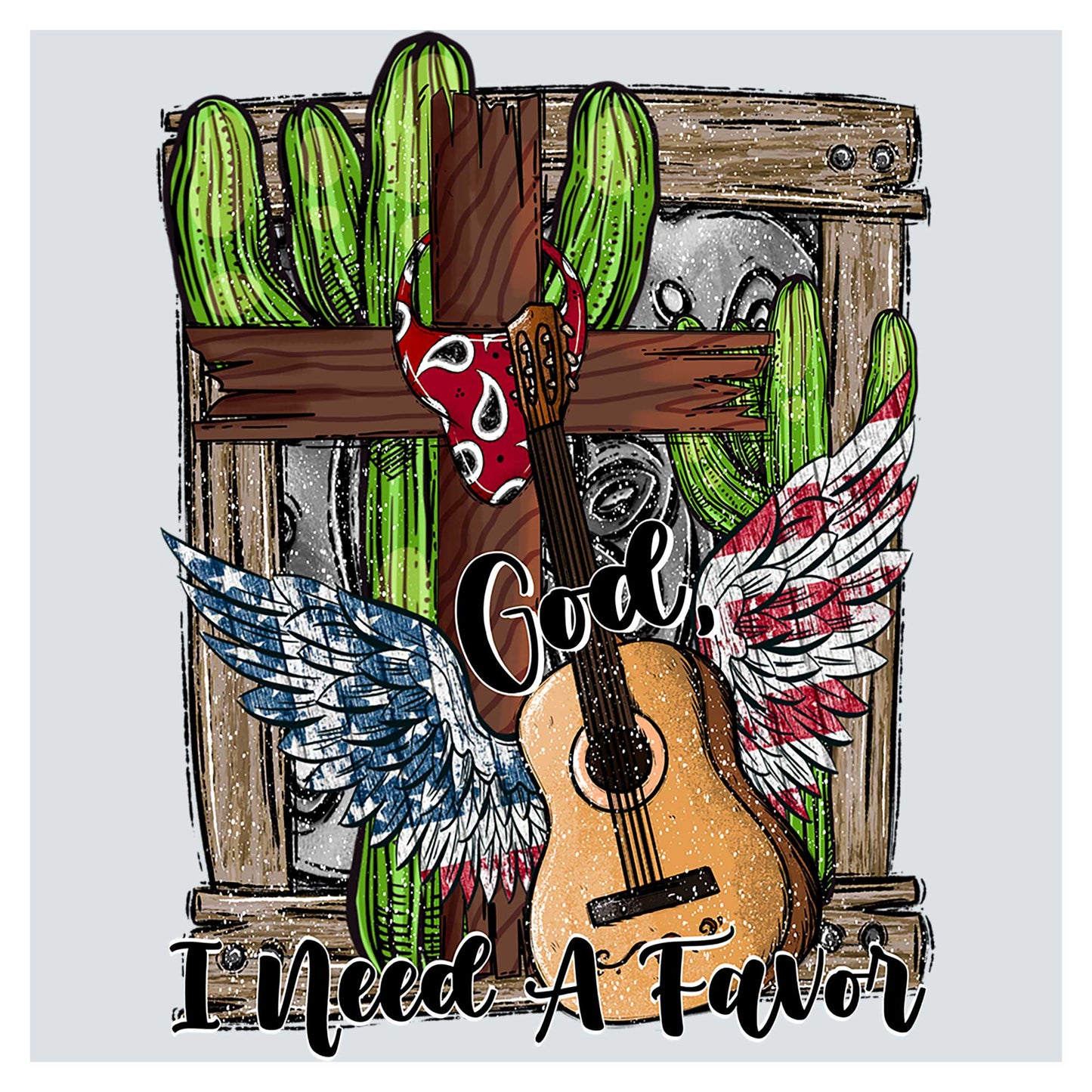 a cross with a guitar and wings on it