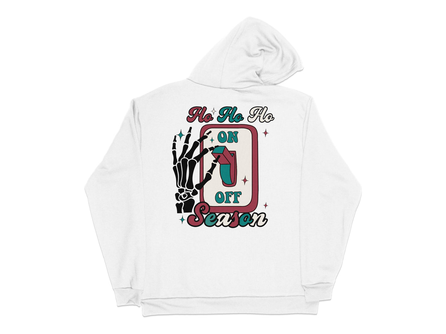Skeleton Hand 'Ho Ho Ho' Off Season Festive White Hoodie, Unisex Christmas Hooded Sweatshirt
