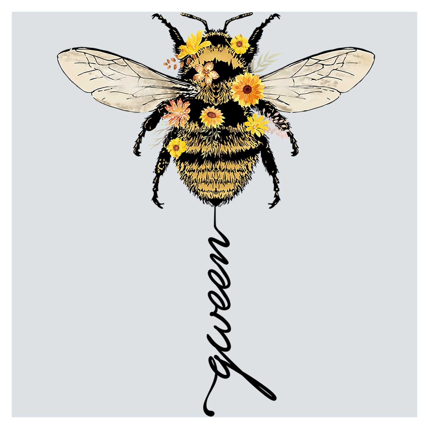 a drawing of a bee with flowers on it