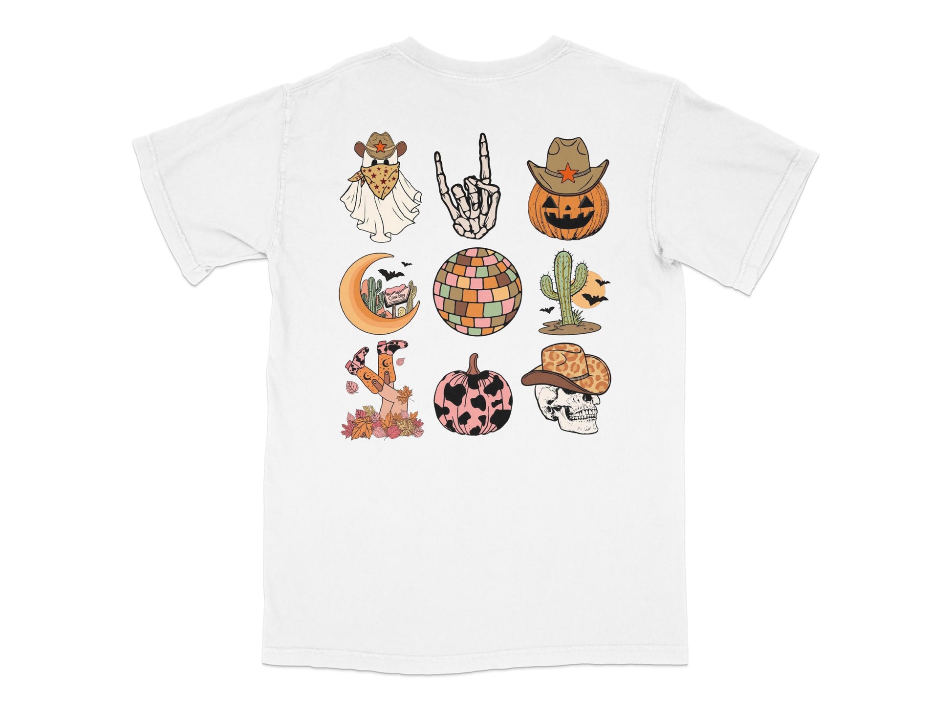 Halloween Themed T-Shirt with Pumpkin, Ghost, Skull, and Cat Illustrations, Unisex Graphic Tee