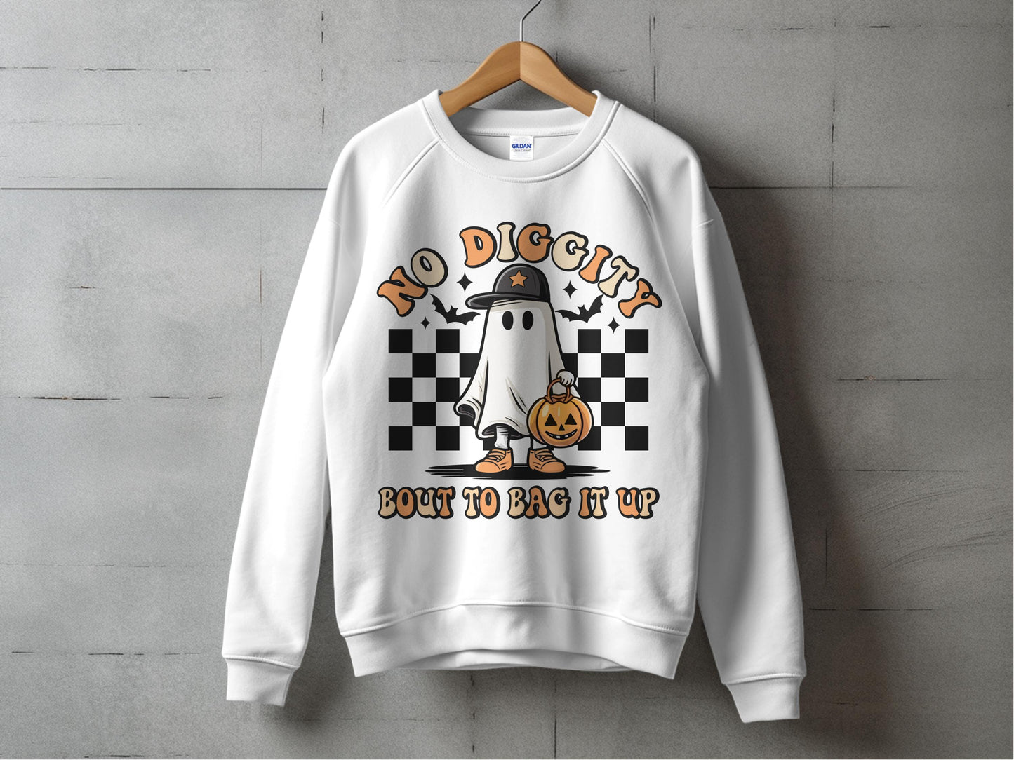 Ghost Graphic Sweatshirt, No Diggity Halloween Sweater, Unisex Fall Fashion, Casual Spooky Apparel, Checkered Pattern Pullover