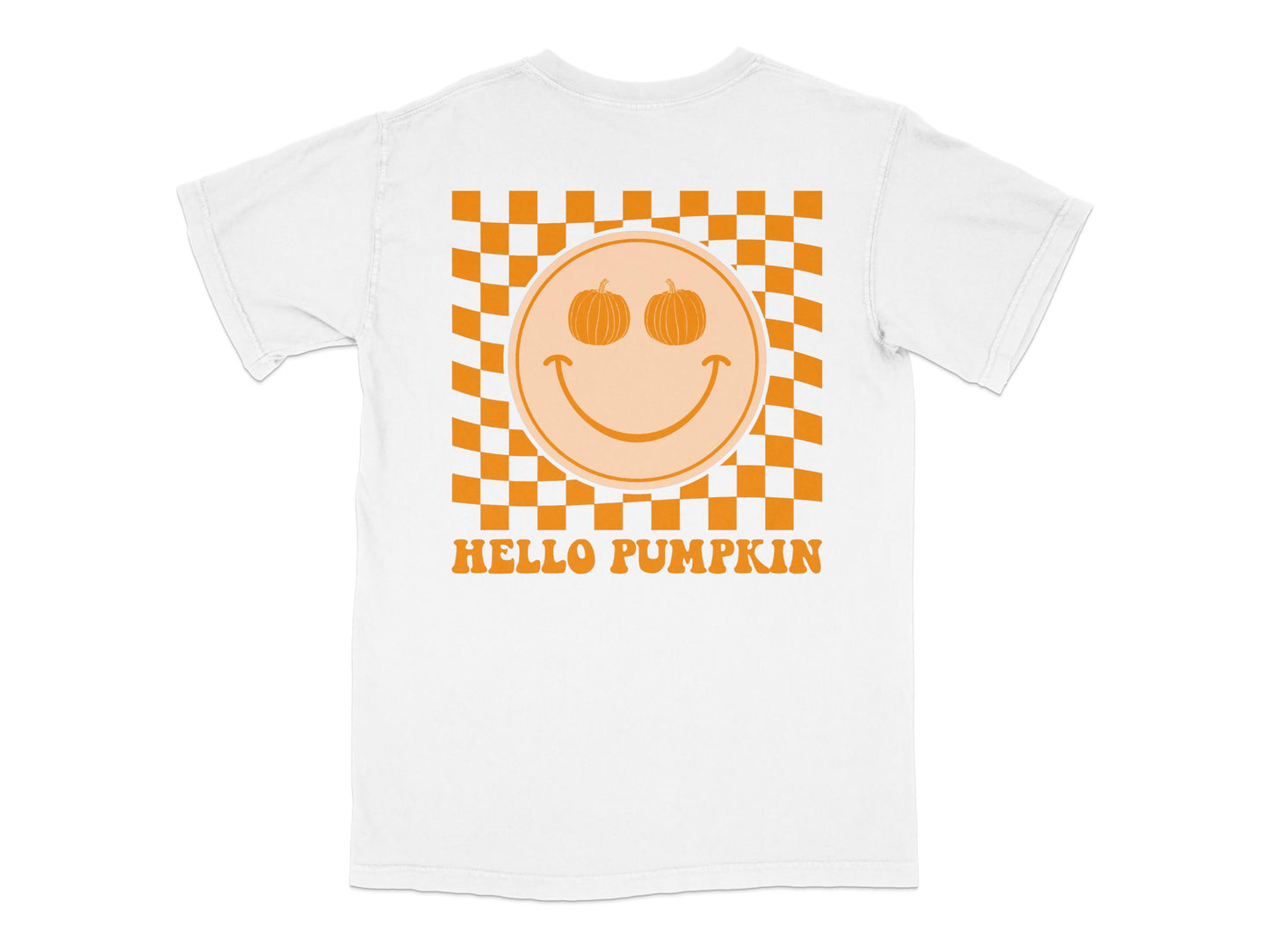 Hello Pumpkin T-Shirt, Smiley Face, Orange Checkered Pattern, Casual Fall Top, Unisex Graphic Tee, Autumn Apparel